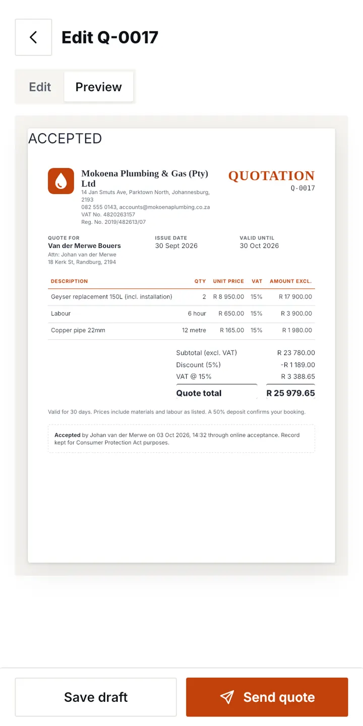 Quote preview with line items, VAT and total
