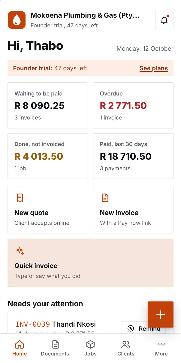 EasyKwote home screen showing money owed, overdue invoices and jobs done but not invoiced
