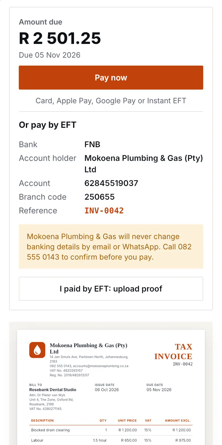 Invoice page with a Pay now button and EFT details
