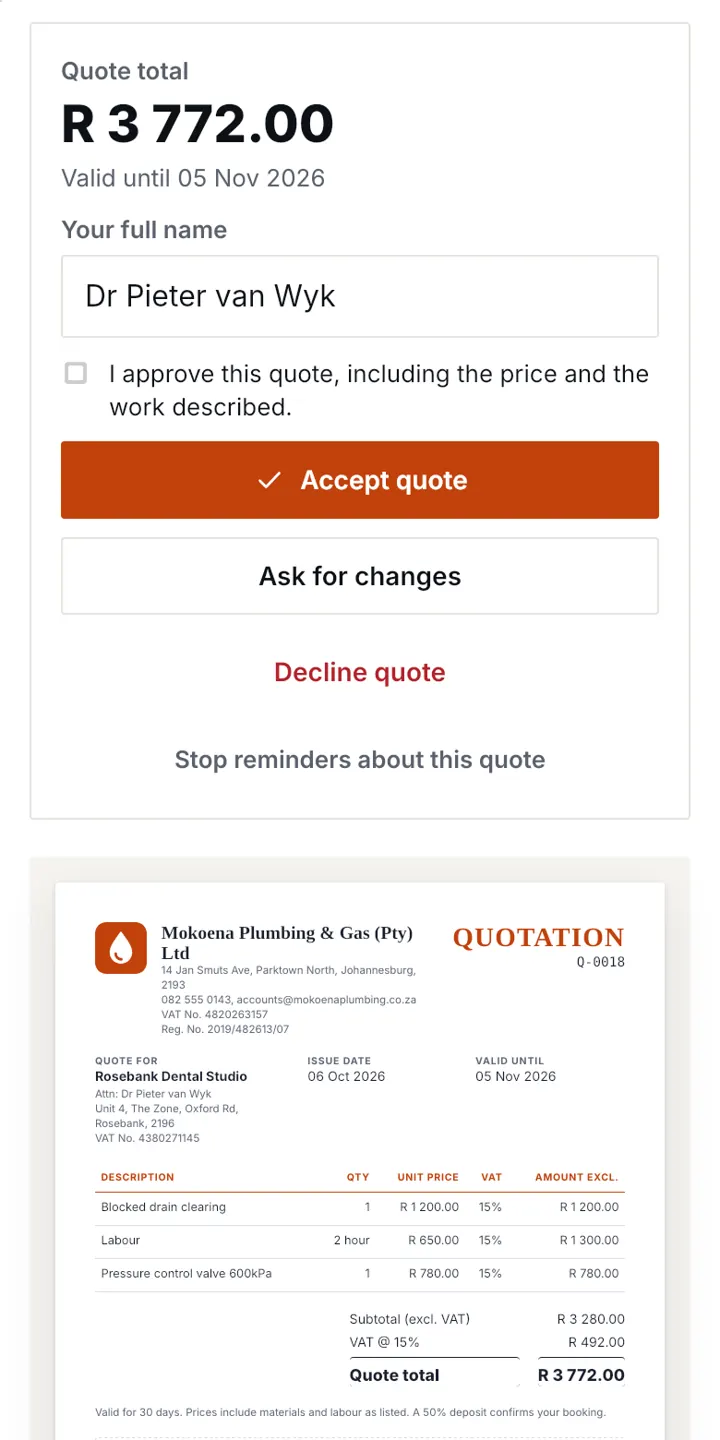 The page a client sees, with the quote total and Accept quote, Ask for changes and Decline buttons